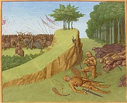 Batalla de Roncesvalles (778). Muerte de Roldán, en las Grandes crónicas de Francia, ilustradas por Jean Fouquet, Tours, hacia 1455-1460, BNF.
